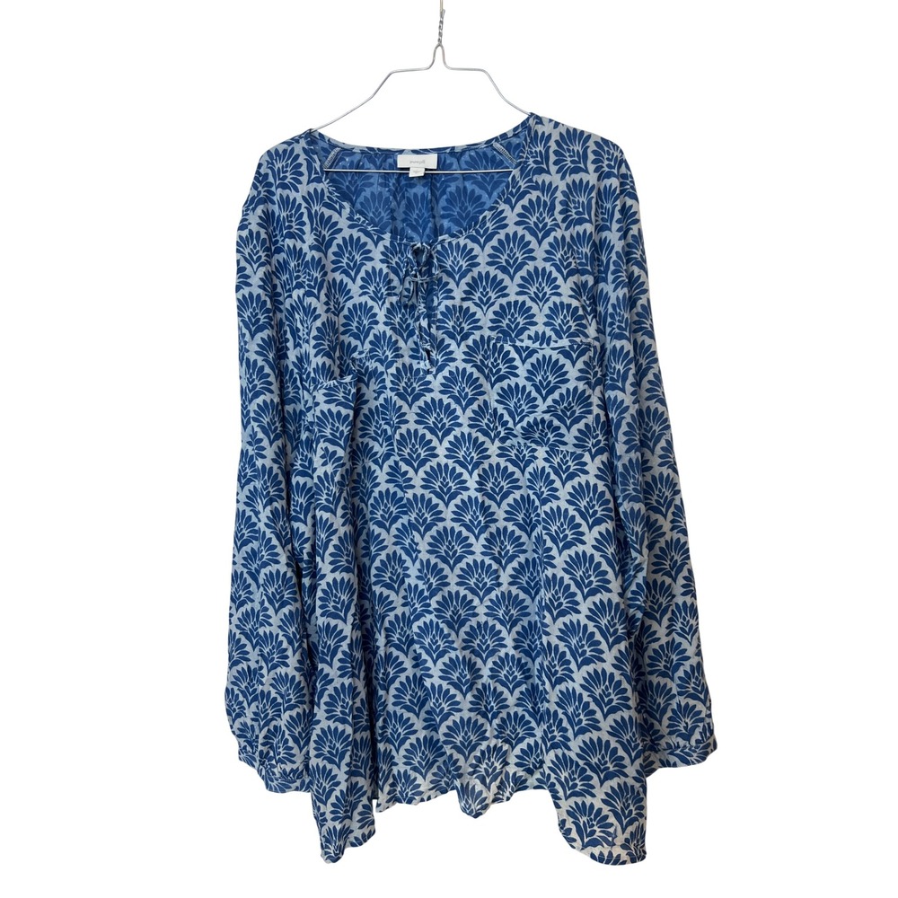 Pure Jill J. Jill Blue White Floral Modal Rayon Tunic Blouse 3X Split Neck Tie